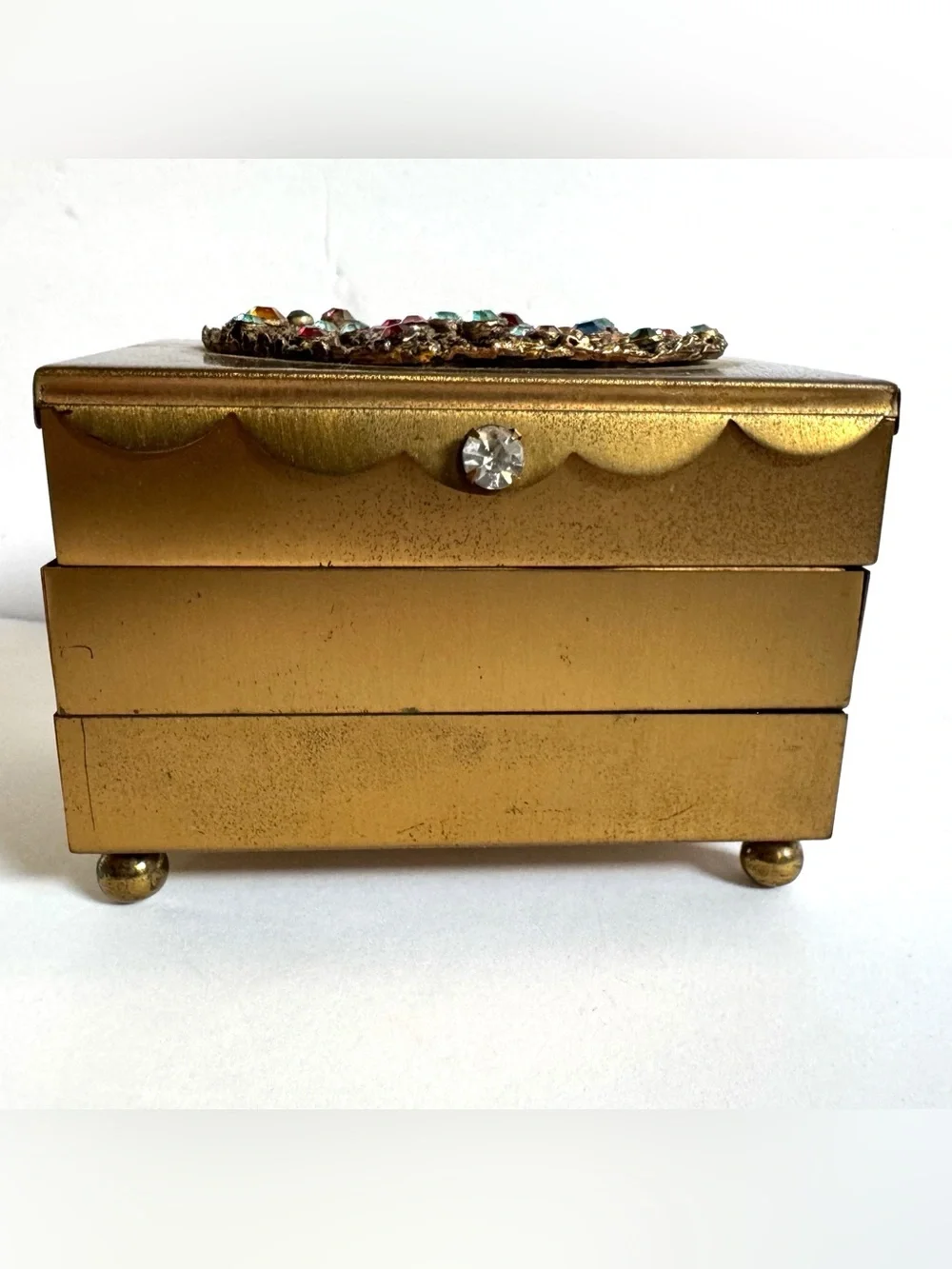Vtg Brass Accordion Cantilever Jewelry Box Jeweled Rhinestone Hollywood Regency